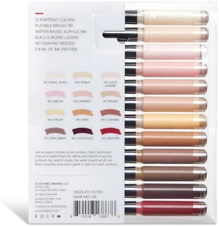 KINGART Acrylic Paint Markers Brush Tip, 12 Portrait Colors. Water-based, no-bleed, waterproof pens with automatic ink control for rock, egg, wood, fabric, glass & DIY crafts
