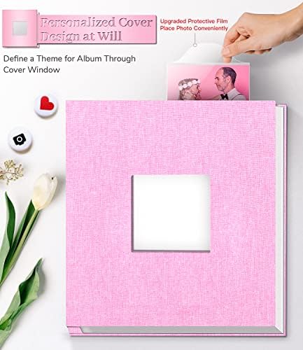 Artfeel Photo Album Self Adhesive Scrapbook Album for 3x5 4x6 5x7 8x10 Pictures,60 Pages Linen Cover with Display Window DIY Photo Book,Ideal Gifts for Family Travel Wedding Baby