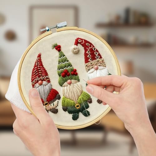 RUIQLXHANG Christmas Embroidery Kit - Christmas Gnomes Embroidery Kits for Beginners with Pattern, Cotton Threads, Needles, Instruction, 20cm Hoop, Gift for Mom, Grandma
