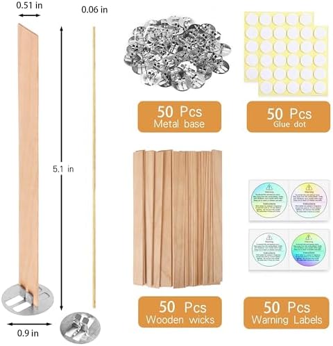 200 Pcs Thicked Wood Candle Wicks for Candle Making, 5.1 X 0.51X 0.06 Inch Upgrade Wood Wicks, Wooden Wicks Box Includes Iron Stander, Glue Dot, and Warning Labels (50 Sets)
