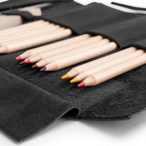 Hide & Drink, Rustic Pencil Roll Pouch, Multi-Purpose Storage Wrap for Scissors, Earphones, Organizer for Craft, Full Grain Leather, Handmade, Charcoal Black