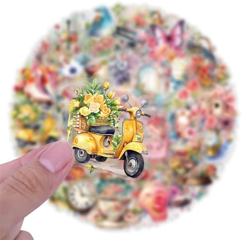 57 Pcs Vintage Watercolor Floral Stickers,Aesthetic PET Transparent Flowers Sticker Waterproof Decorative Decals for Journaling, Decoupage, Planners, laptops, Phone Case, Gift(Colourful-K1)