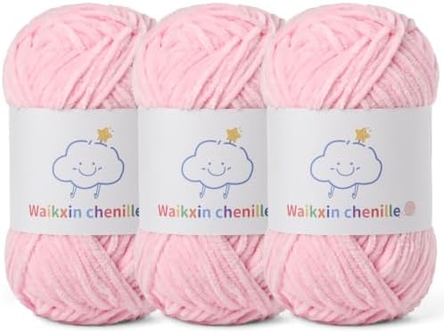 Skinny Chenille Yarn for Crocheting, 3 Pack of 1.75 oz/109 yds Amigurumi Yarn&Baby Yarn for Crocheting Soft, Fluffy Fingering Weight Velvet Yarn for DIY Crafts&Baby Blankets.(3 Light Pink)