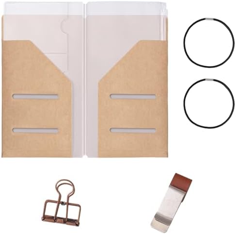 Roadtofree Passport Size Travelers Notebook Accessories Kit - All-in-One Set with Kraft Folder, PVC Zipper Case, Pen Holder, Binder Clip & 2 Elastic Bands for Travel Journal, Daily Use (Kraft, Standard Size 1 PC)