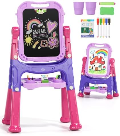 Lehoo Castle Easel for Kids 3-5, Magnetic Chalkboard Whiteboard(Purple)