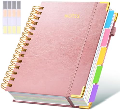 Hardcover Spiral Notebook journal with Removable Dividers Tabs, 300 Pages Leather 5 Subject Notebook College Ruled, 100GMS Notebooks for Work School Note taking,Lined Journal for Women,A5 Rose gold