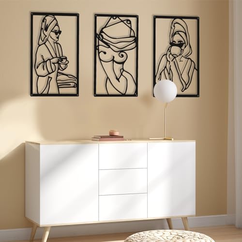CHENGU 3 Pieces Metal Minimalist Abstract Woman Wall Art Line Drawing Wall Art Decor Single Line Female Home Hanging for Kitchen Bathroom Living Room