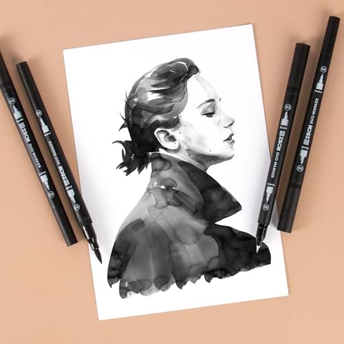 Black Duo Tip Marker Pens, 12 Fine & Brush Tip Pen For Adult Coloring Books