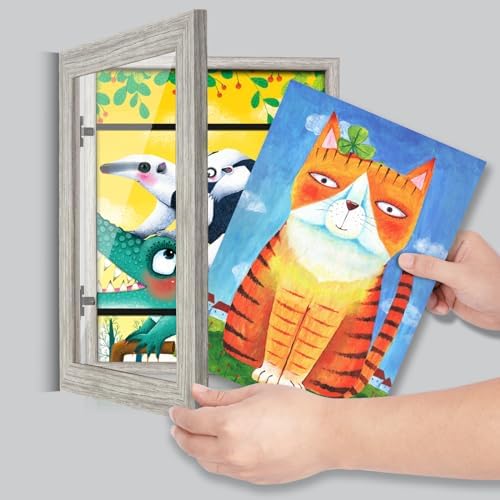 [2-Pack] Kids Art Frames, 8.5x11 Front Opening Kids Artwork Frames Changeable, Grey Wood Grain Artwork Display Storage Frame for Wall, Holds 50 Pcs, for 3D Picture, Crafts, Children Drawing, Hanging