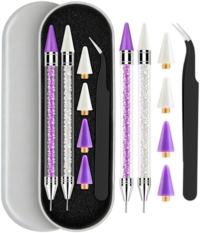 Rhinestone Picker Tool, Wax Pencil for Rhinestones Tool, Dual-ended DIY Nail Bedazzling Tools With 2 Extra Purple and 2 Extra White Replaceable Wax Head and 1 Tweezer(Purple and White)