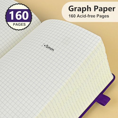 Graph Paper Notebook 5.9"×8.5", 160 Pages Grid Notebook, A5 Graphing Paper | Hardcover Leather Journal for Women & Men,100 Gsm, Grid Spacing 5mm x 5mm, Medium Size, Grid notebook for Work, School, Math