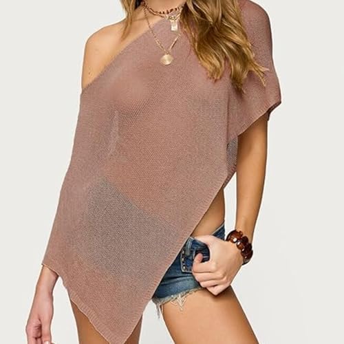 Nicoxijia Women Y2K Sheer Knit Poncho Top Lightweight Summer Beach Knit Shrug Shawl Bolero Off Shoulder Mesh Sweater Cover Up