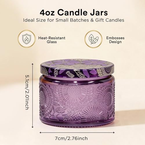 LumaCraft Luxury Embossed Glass Candle Jars for Making Candles - 12 Pack Empty Candle Containers with Airtight Metal Lids, 20 Wicks & 20 Stickers, Colored Glass Jars for Gifts & Decor-4oz