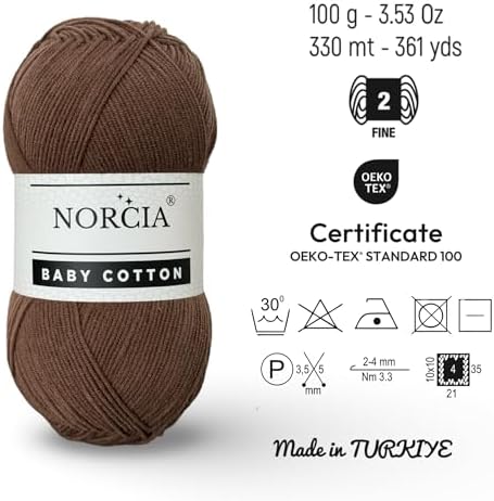 Baby Cotton, 55% Cotton 45% Acrylic Yarn, Fine/Sport (2) for Crochet and Knitting, Soft Amigurumi Yarn, 100 gr (361 yds)