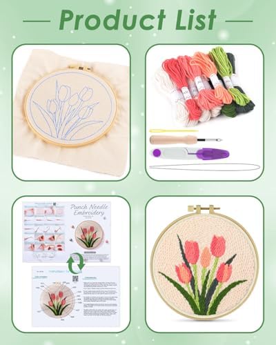 ERKOON Punch Needle Kit Beginners Adults, DIY Easy Flower Embroidery Set for Starter Art Craft, Needling Punching Project with Patterns, Tools, Yarns, Hoop, Instruction (Tulips)