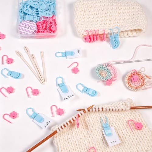 Knitting Loop Clip and Row Counter Set with Locking and Bulb Markers, Large-Eye Yarn Finishing Tools, Storage Case