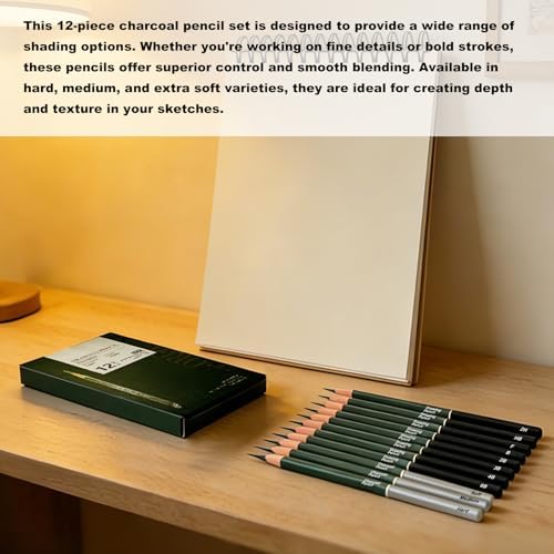 Sketchbook and Pencil Set - Spiral Bound Hardcover with 60 Sheets & 12 Charcoal Pencils (Hard/Medium/Soft) for Professional Artists and Beginners