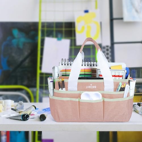 JJRING Craft Organizer Tote Bag Art Storage Caddy Bluish Beige | With Multiple Pockets For Sewing, Scrapbooking, School, Medical, And Office Supplies