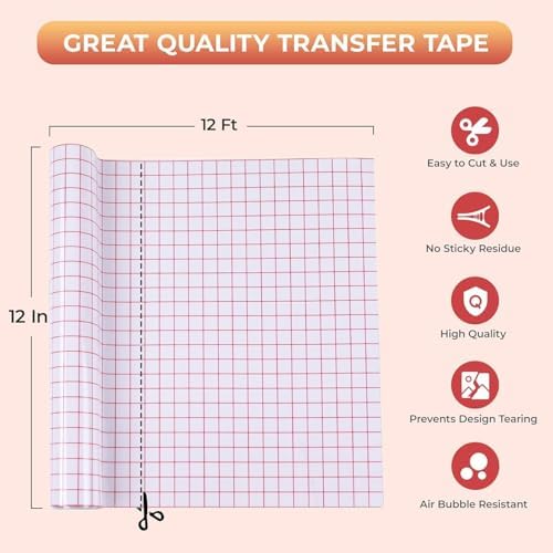 YRYM HT Transfer Tape for Vinyl, 12" x 12 FT w/Red Alignment Grid