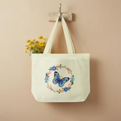 ERKOON Canvas Tote Bag Embroidery Kit for Beginners, Floral Arts Crafts Cross Stitch Kits for Adults Including Stamped Embroidery Bag with Hoops, Needle, Instruction and Color Threads (Butterfly)
