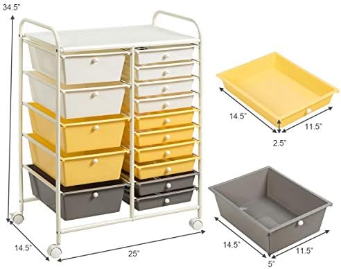 GOFLAME 15-Drawer Rolling Storage Cart, Craft Storage Cart with Removable Drawers & Lockable Wheels, Art Cart Supply Storage Organizer for Home Office Classroom, Yellow