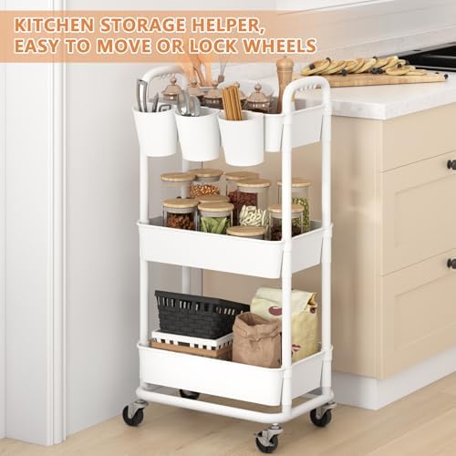 JIUYOTREE 3-Tier Plastic Rolling Storage Cart Utility Cart with Extra Hanging Cups Handles Lockable Wheels for Living Room Bathroom Kitchen Office White