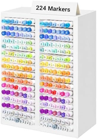 PROLEE Marker Organizer for 224 Markers, Wooden Alcohol Marker Holder with 32 Compartments, Horizontal Art Pen and Pencil Storage Rack for Desk, Classroom and Studio, White