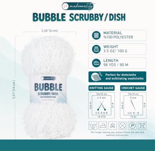 Makromecity Bubble Scrubby Yarn - 100% Premium Polyester Yarn for Crocheting and Knitting - 3.5 Oz (100g), 98 Yds (90m) - Ideal for Dishcloths, Crafting & Bath Washcloths (Snow White, 1 Skein)
