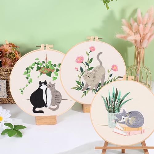Ohcol 3 Sets Cat Embroidery Kit,Needlepoint Kits for Adults Beginner,Needle Point Sets with Washable Pre-Printed Pattern,1 Hoop,Women Hand Crafts