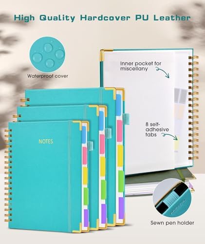 Hardcover Spiral Notebook Journal with Removable Dividers Tabs, 300 Pages Leather 5 Subject Notebook College Ruled, 8"x10" Large B5 Notebooks for Work School Note taking, Lined Journal for Women, Blue