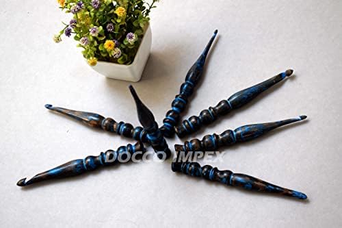 Handmade Ergonomic Wooden Crochet Hooks for Arthritic Hands (Set of 7) Needles for Yarn Accessories | Size 4 mm to 10 mm with Engraved | Yarn Tool (Blue)