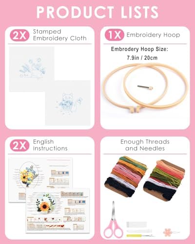 TINDTOP 2 Pack Embroidery Kit for Adult Beginners, Embroidery DIY Starter Kit, with Black Cat and Flowers Stamped Patterns, Hoop, Tools, Colorful Threads with Needles, Instructions