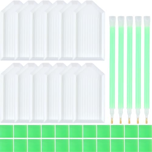 39PCS 5D Diamond Art Painting Tools and Accessories Kits,with 12 Plastic Diamond Art Painting Trays,22pcs Glue Clay,5 Diamond Art Painting pens,Diamond Art Painting DIY Accessories Green and White