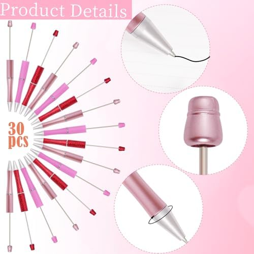 30Pcs Beadable Pens Beaded Ballpoint Pens Bulk for DIY Writing Red Pink