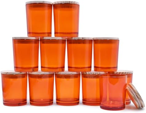 SHOWIN Thick Candle Jars for Making Candles 12 Pcs, 7 OZ Empty Jars with Wood Lids for Candle Making, Sample Container, Clear Orange