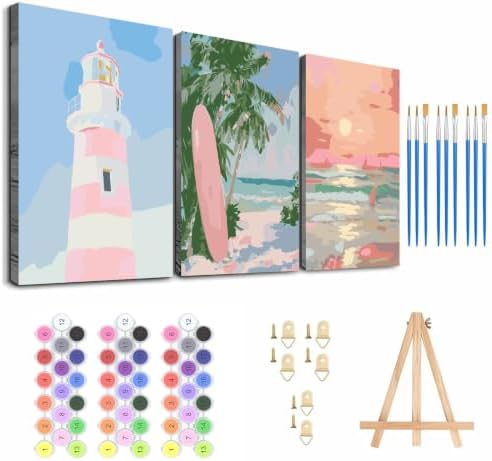 3 Pack Paint by Numbers for Adults with Framed Canvas - with Wooden Easel