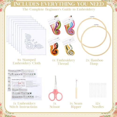 Tioncy 8 Sets Mexican Embroidery Napkins Kit Servilletas para Bordar a Mano Including Mexican Napkin Bamboo Hoop Color Threads and Needles for Beginners Adults DIY Hand Craft Gift(Floral)
