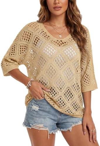 Womens Crochet Top Summer 3/4 Sleeve Cover Up V Neck Boho Tops