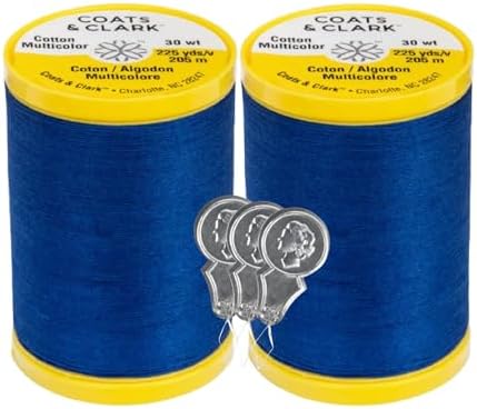 Coats & Clark Cotton All Purpose Sewing Thread 100% Mercerized Cotton 225 Yards Each Spool S970 2 Pack Bundle with 3 Bella's Crafts Needle Threaders (Yale Blue)