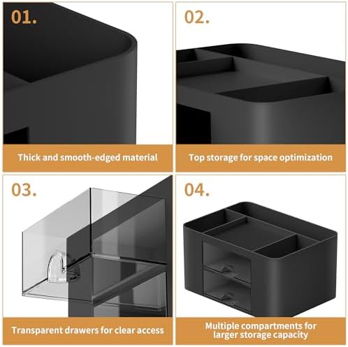 Marbrasse Pen Organizer with 2 Drawer, Multi-Functional Pencil Holder for Desk, Desk Organizers and Accessories with 5 Compartments + Drawer for Office Art Supplies (Black)