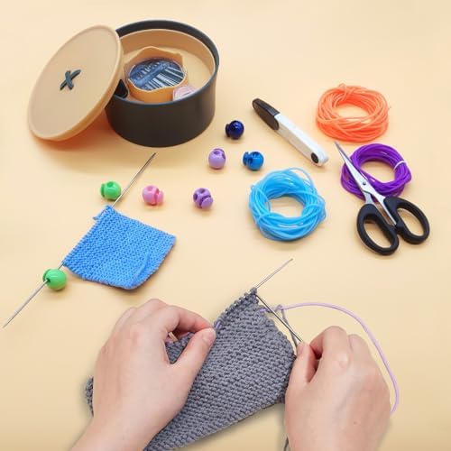 GeryVtee Cord Lock Kit Knitting Stitches Holder Barber Cord Stitch Markers Knit Stiches Keeper 12 Pcs Silicone Stitch Holders & 4 Rolls Round Barber Cords for Knitting Projects (Blue Style)
