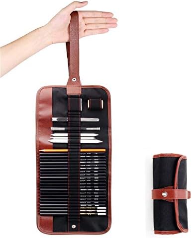 Sketching Pencil Set,18pcs of Pen Charcoal Sketch Set of Pencils Eraser Craft Knife Pencil Extender Roll up Canvas Carry Pouch Pro Art Supply for Beginners Artist