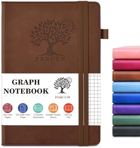 Graph Paper Notebook 5.9"×8.5", 160 Pages Grid Notebook, A5 Graphing Paper | Hardcover Leather Journal for Women & Men,100 Gsm, Grid Spacing 5mm x 5mm, Medium Size, Grid notebook for Work, School, Math