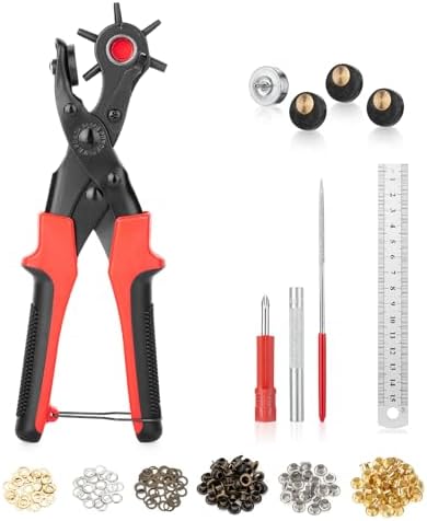 UNCO- Leather Hole Punch Tool Set, Red Handle, Multi Punch Sizes, Belt Hole Puncher for Leather, Belts, Straps, Pet Collars, Shoes, Saddles, Canvas & DIY Crafts, with Grommet Eyelet Kit 100 Set