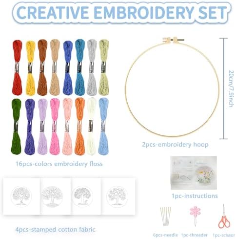 FREEBLOSS 4 Set Embroidery Kit Tree of Life Stamped Embroidery Starter Kit with Step by Step Instructions, Colored Threads, 2 Hoops, Needlepoint Kits for Hand Craft Lovers Gift, 30cm/11.8inch