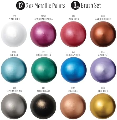 FolkArt Jewel Tone Acrylic Craft Paint Kit, 15 Piece Set Including 12 Metallic Colors and 3 Premium Paintbrushes, PROMOFAMET15
