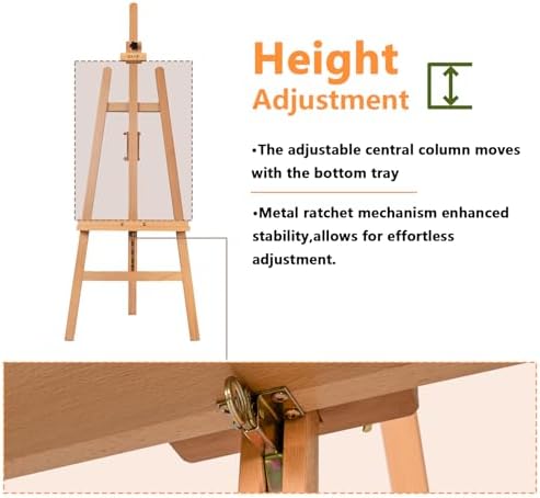 DJAR Large Painters Easel for Painting, Holds Canvas up to 49", Natural | Sturdy Solid Beech Wood Studio Floor Display Stand, Adjustable Artist Easel with Storage Tray, Ideal for Adults and Students