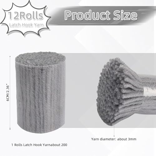 AKZYTUE 12 Rolls Latch Hook Yarn, Precut Rug Yarn for Latch Hook Kits, Crochet Yarn Bundles for Latch Hook Rug Making, DIY Tapestry Crafts for Adults & Beginners,Light Gray
