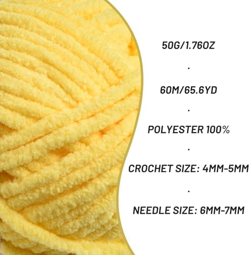 Plush Chenille Chunky Crochet Yarn - Baby Yarn for Crocheting Soft - Velvet Yarns Knitting for Blankets Crafts - Fluffy Amigurumi Yarns 50g / 65.6yd (Yellow)