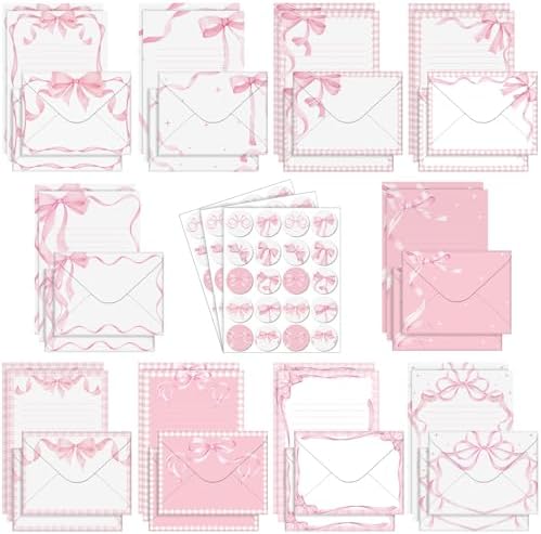 TaoBary 160 Pcs Pink Bow Stationery Paper Set for Girls with Stationery Letter and Envelopes 50 Double Sided Papers with 50 Matching Envelopes and 60 Round Dot Sticker 10 Design (5.5 x 8.25 Inch)